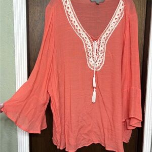 Coral Lace-Trimmed Women's Top